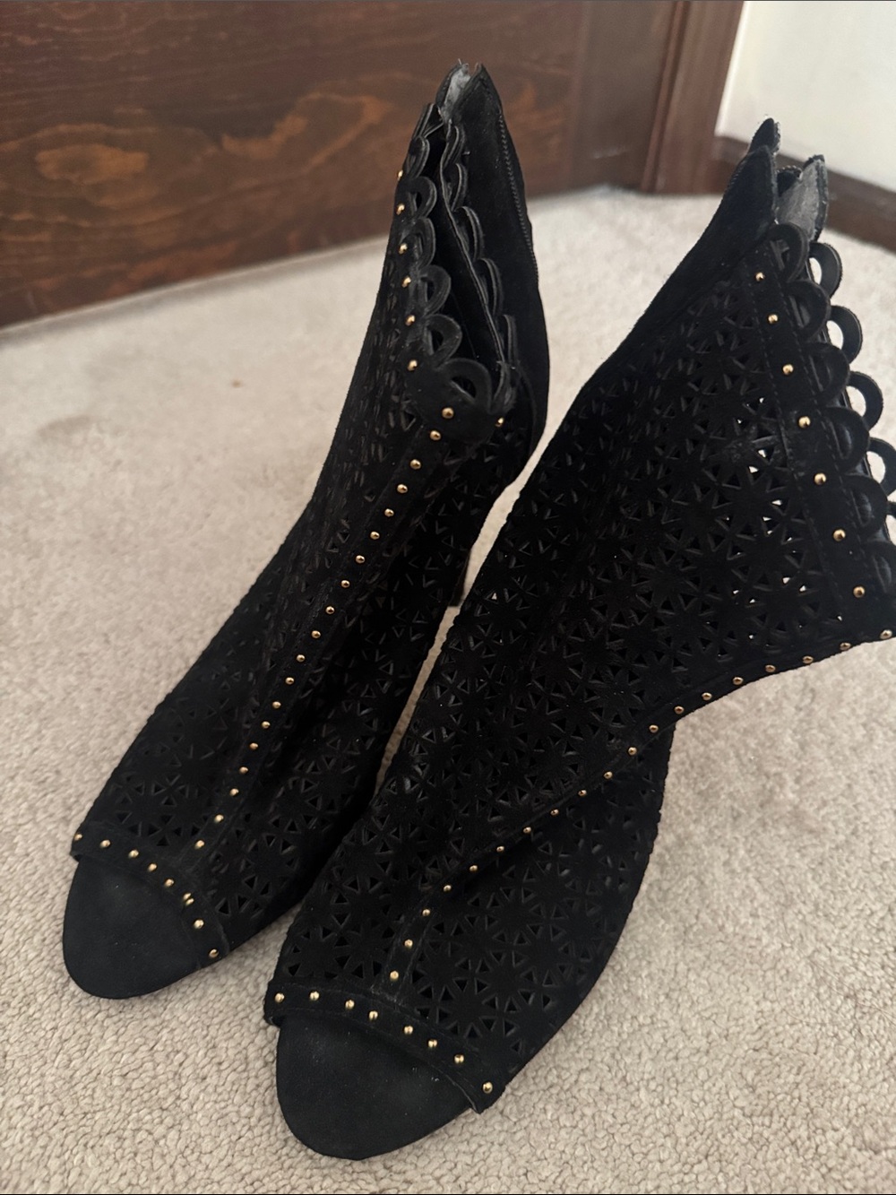 Marc Fisher Black Laser-Cut Peep-Toe Ankle Booties with Gold Studs
